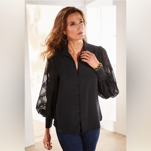 Soft Surroundings Sheer Embroidered Long Sleeves Collared Blouse Black S - Picture 1 of 7